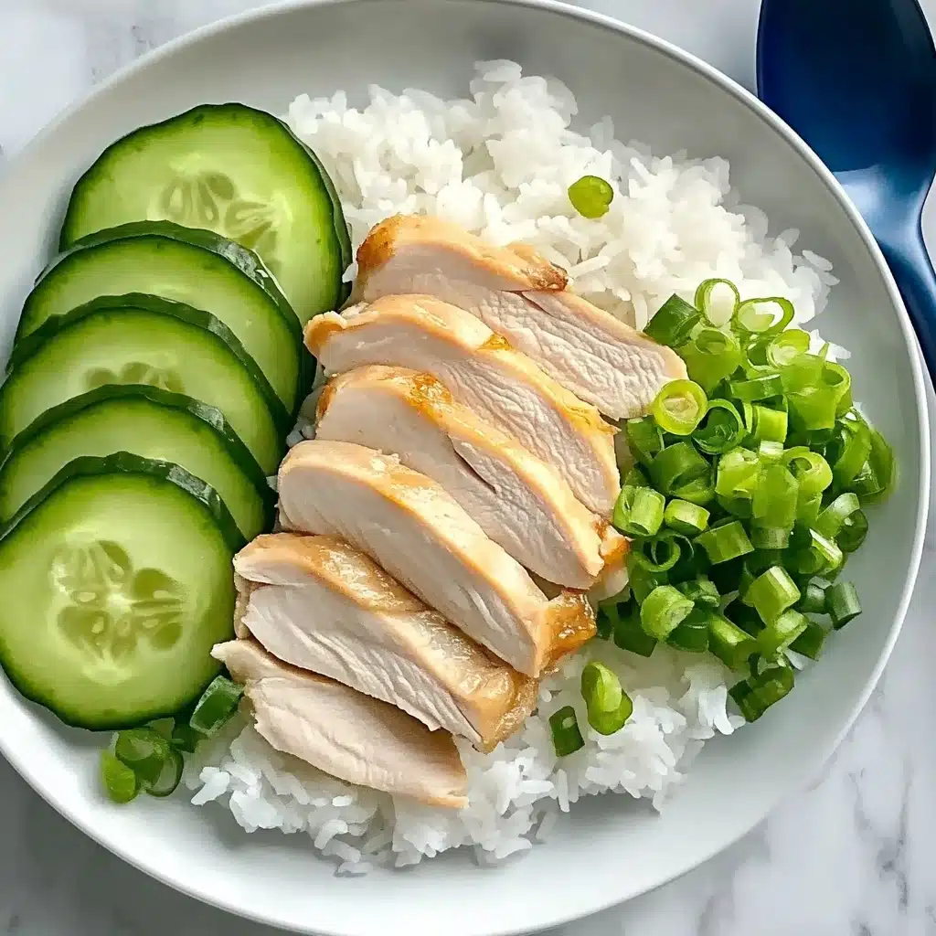 One Pot Hainanese Chicken and Rice, Hainanese Chicken and Rice, One Pot Chicken and Rice, Easy Hainanese Chicken, Fragrant Chicken and Rice A white bowl filled with a base layer of white rice showing a soft, fluffy texture, topped with five slices of light beige cooked chicken neatly placed in the center. To the left of the chicken, there is a layer of thinly sliced, round cucumber pieces showing a mix of dark green skin and light green inside. To the right of the chicken, a pile of small, chopped bright green scallions adds a fresh color. A shiny dark blue spoon rests inside the bowl on the right side. The bowl is set on a white marbled surface.