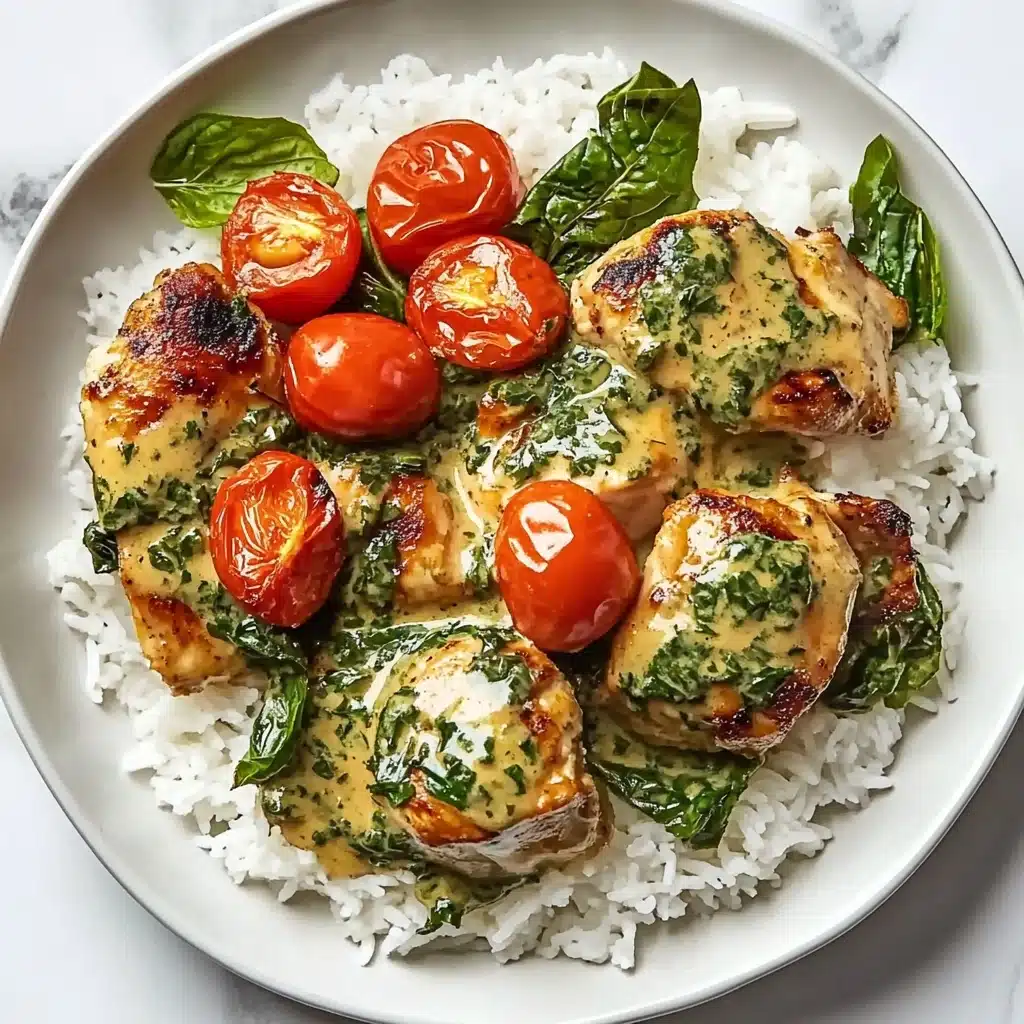 Creamy Pesto Chicken with Roasted Tomatoes & Spinach, pesto chicken recipe, easy chicken dinner, healthy pesto chicken, gourmet chicken meal A white shallow bowl holds a base layer of white cooked rice, topped with three pieces of browned cooked chicken layered with bright green leafy herbs and surrounded by shiny red cherry tomatoes. The dish is covered with a light brown sauce that pools slightly around the edges of the rice, with the chicken pieces and tomatoes resting evenly on top. The bowl sits on a white marbled surface with part of a cast iron pan in the top left corner.