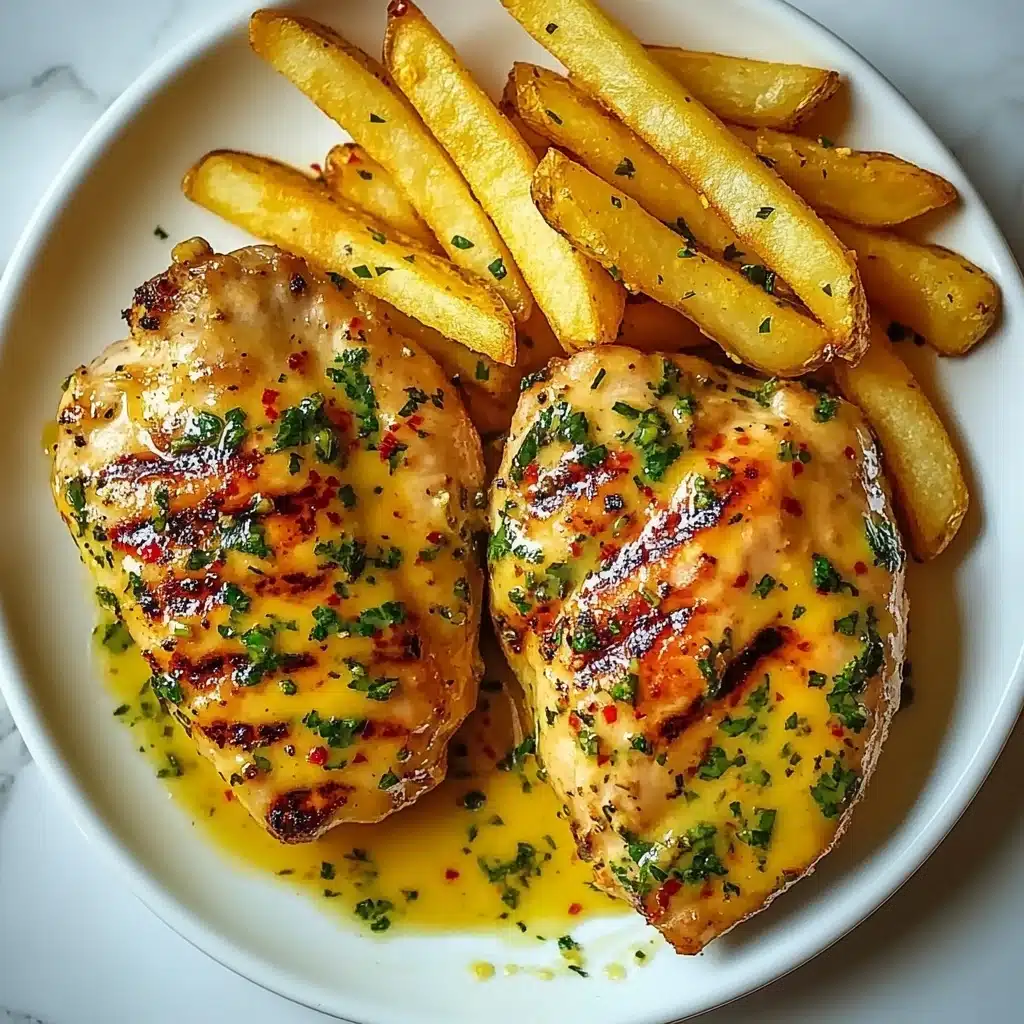 Chicken Fillet in Spicy Creamy Garlic-Parmesan Sauce, spicy chicken dinner, creamy garlic chicken recipe, quick flavorful chicken meal, gourmet chicken with Parmesan A white plate holds three grilled chicken pieces placed side by side in the front center, each coated with a glossy yellow sauce speckled with green herbs and small red spices. Behind the chicken, there is a stack of golden, crispy French fries stretching across the back of the plate. The sauce pools slightly around the chicken, adding a shiny texture, and the overall scene sits on a white marbled surface.