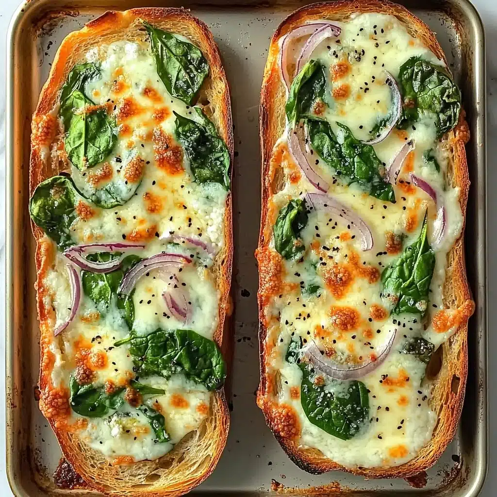 French Bread Chicken Alfredo Pizza, quick cheesy chicken pizza, easy Alfredo pizza, fast dinner recipes, crowd-pleasing weeknight pizza Two slices of toasted bread lie side by side on a metal tray with a white marbled background. Each slice is topped with fresh green spinach leaves, thin strips of red onion, and creamy, melted white cheese that has golden-brown spots from baking. The cheese covers most of the toppings, showing soft texture with some bubbly and slightly browned areas. Small black pepper specks are scattered over the cheese surface. The bread edges are golden and crunchy, adding a toasted texture to the open-faced sandwich.