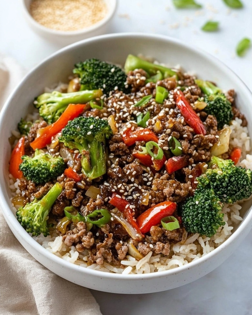 Ground Beef and Broccoli Stir Fry, beef broccoli stir fry recipe, quick ground beef meals, easy weeknight dinner ideas, healthy stir fry recipes The image shows a close-up view of a pan full of cooked ground beef, bright green broccoli florets, and translucent cooked onion pieces all mixed together. The ground beef is brown and crumbly, making up the main base layer, while the broccoli pieces stand out with their fresh, vivid green color scattered evenly across the beef. The onion pieces are scattered throughout in small chunks, adding a light golden color that contrasts with the green and brown. The pan is set on a white marbled surface with small dishes containing sesame seeds and chopped green onions partly visible around the pan.