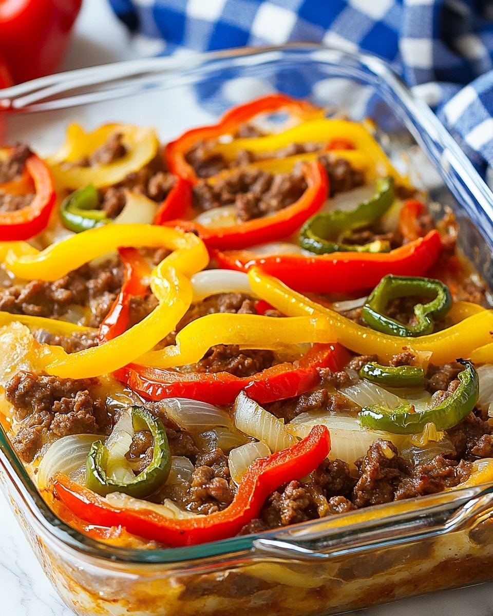 Southern Five Layer Beef Casserole, layered beef casserole, hearty baked casserole, comfort food recipes, easy beef casserole The dish is shown in a clear glass baking dish, filled with layers starting from a base that looks like soft, slightly browned dough or crust, followed by a layer of cooked ground beef mixed with translucent diced onions spread evenly. On top of this are colorful slices of red, yellow, and green peppers arranged in rings, adding a bright and fresh texture to the dish. The peppers are slightly softened but still hold their shape, and you can see a glossy finish from the cooking juices around the meat and vegetables. The background shows a white marbled surface with a blurred blue and white checkered cloth nearby.