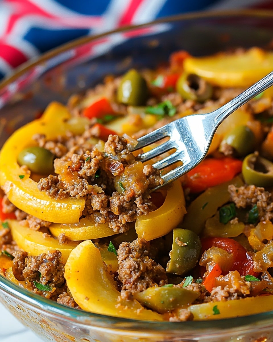 Southern Five Layer Beef Casserole, layered beef casserole, hearty baked casserole, comfort food recipes, easy beef casserole The image shows a close-up of a layered casserole slice served on a plain white plate with a red, white, and blue checkered cloth underneath. The dish has about four visible layers: the bottom layer is cooked ground beef mixed with small pieces of onions and red peppers, dark brown and textured. Above that is a melted white cheese layer with a smooth, creamy texture. On top of this is a layer of sliced jalapenos, green and slightly shiny, arranged evenly. The background shows more casserole in a clear glass baking dish, slightly out of focus, on a white marbled surface.