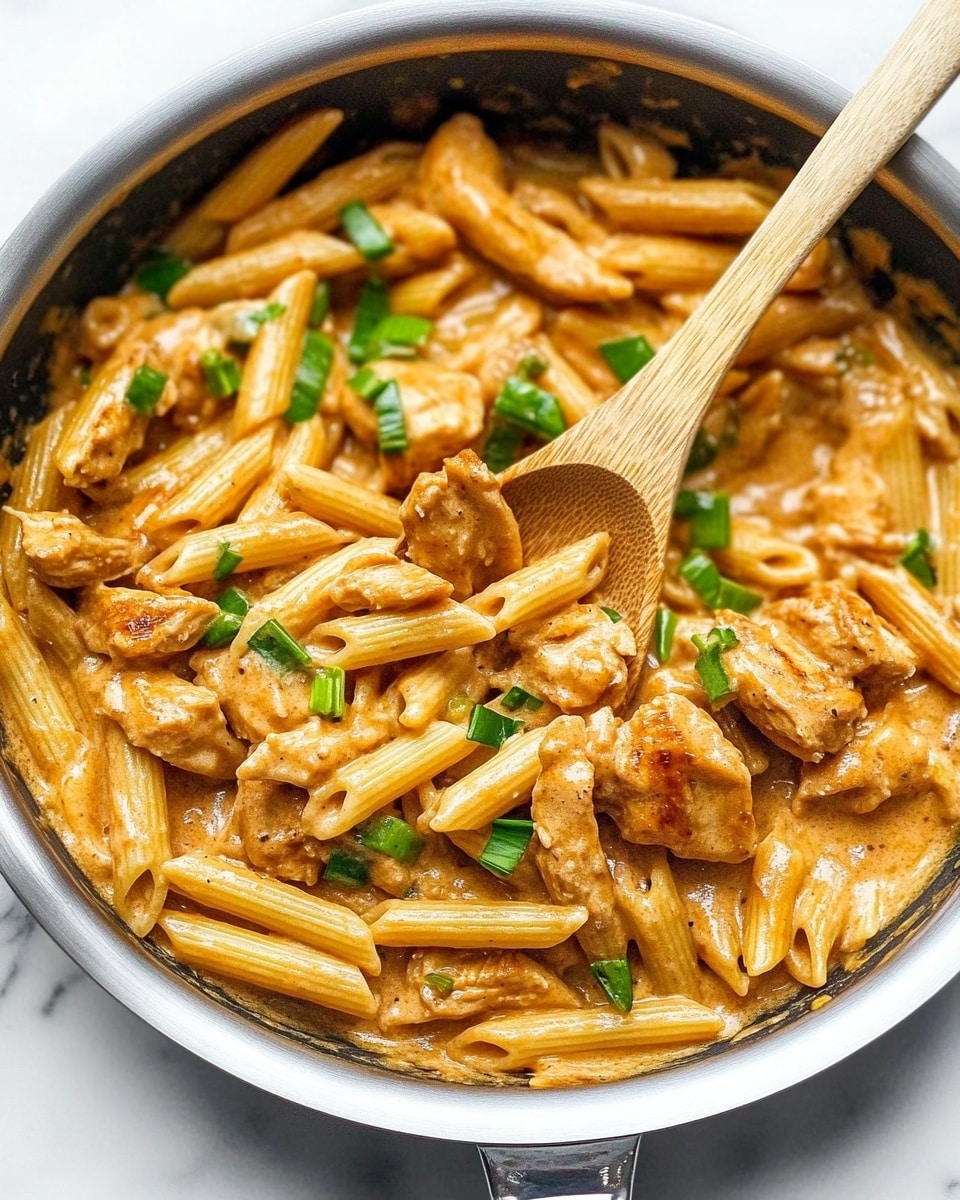 One Pot Creamy Cajun Chicken Pasta, Cajun Chicken Pasta, Creamy Cajun Pasta, Easy Cajun Chicken Dinner, One Pot Pasta Recipes A white plate holds a serving of penne pasta mixed with chunks of light brown cooked chicken and a creamy orange sauce. The pasta and chicken are scattered evenly throughout the dish, topped with bright green sliced scallions. A black fork rests partially inside the pasta on the right side of the plate. The plate is placed on a white marbled surface with a piece of patterned cloth visible near the bottom left edge. The overall appearance is warm and saucy with a slight shine on the pasta and chicken.