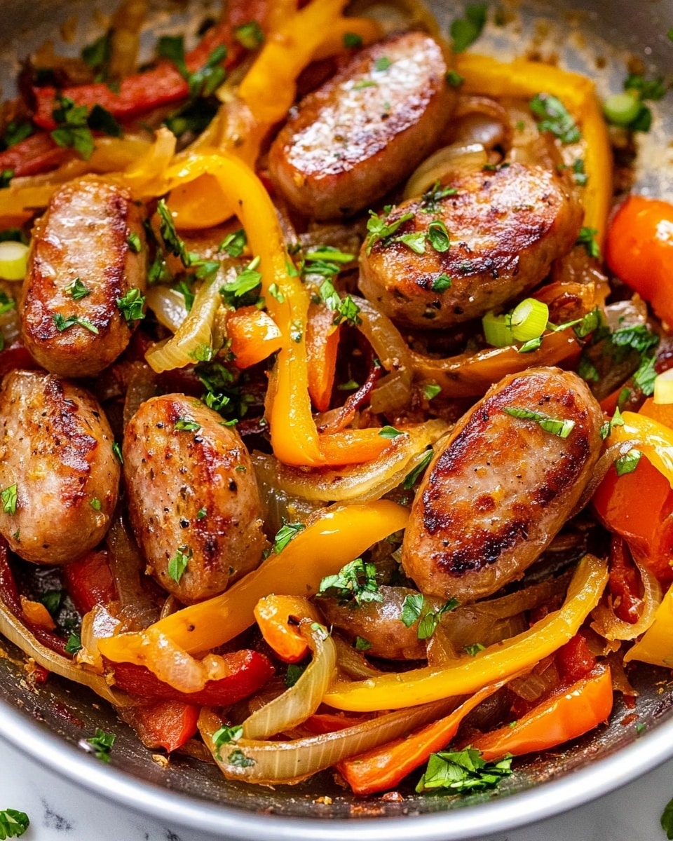 Sausage and Peppers Skillet, sausage and peppers dinner, quick sausage skillet recipe, easy sausage and peppers dish, one-pan sausage and peppers This close-up image shows a cooked dish with at least three visible layers: thick slices of browned sausage, long strips of sautéed red, yellow, and orange bell peppers with a soft, slightly shiny texture, and translucent sautéed onions mixed throughout. Green chopped herbs and sliced green onions are scattered on top, adding a fresh contrast to the warm colors of the vegetables and sausage. The whole dish rests on a white marbled surface, with the mixture looking juicy and well-seasoned, showing small black pepper flakes.