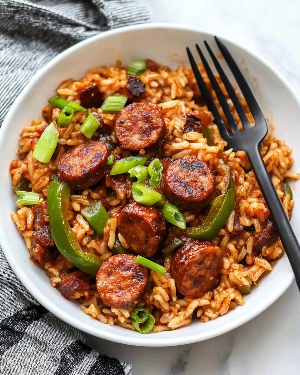 Cajun Sausage and Rice Skillet, Cajun Sausage and Rice, Cajun one-pan dinner, spicy sausage rice skillet, quick Cajun dinner A close-up view of a silver pan filled with cooked rice mixed with sliced sausage pieces and diced green and yellow bell peppers. The rice is golden brown with some small bits of tomato visible throughout. The sausage slices are a rich, deep brown with a slightly crispy texture. Scattered green onion slices are lightly sprinkled on top, adding a fresh green color. On the right side, a wooden spoon is partly resting inside the pan, lifting some of the rice and sausage mix. The pan sits on a white marbled surface.