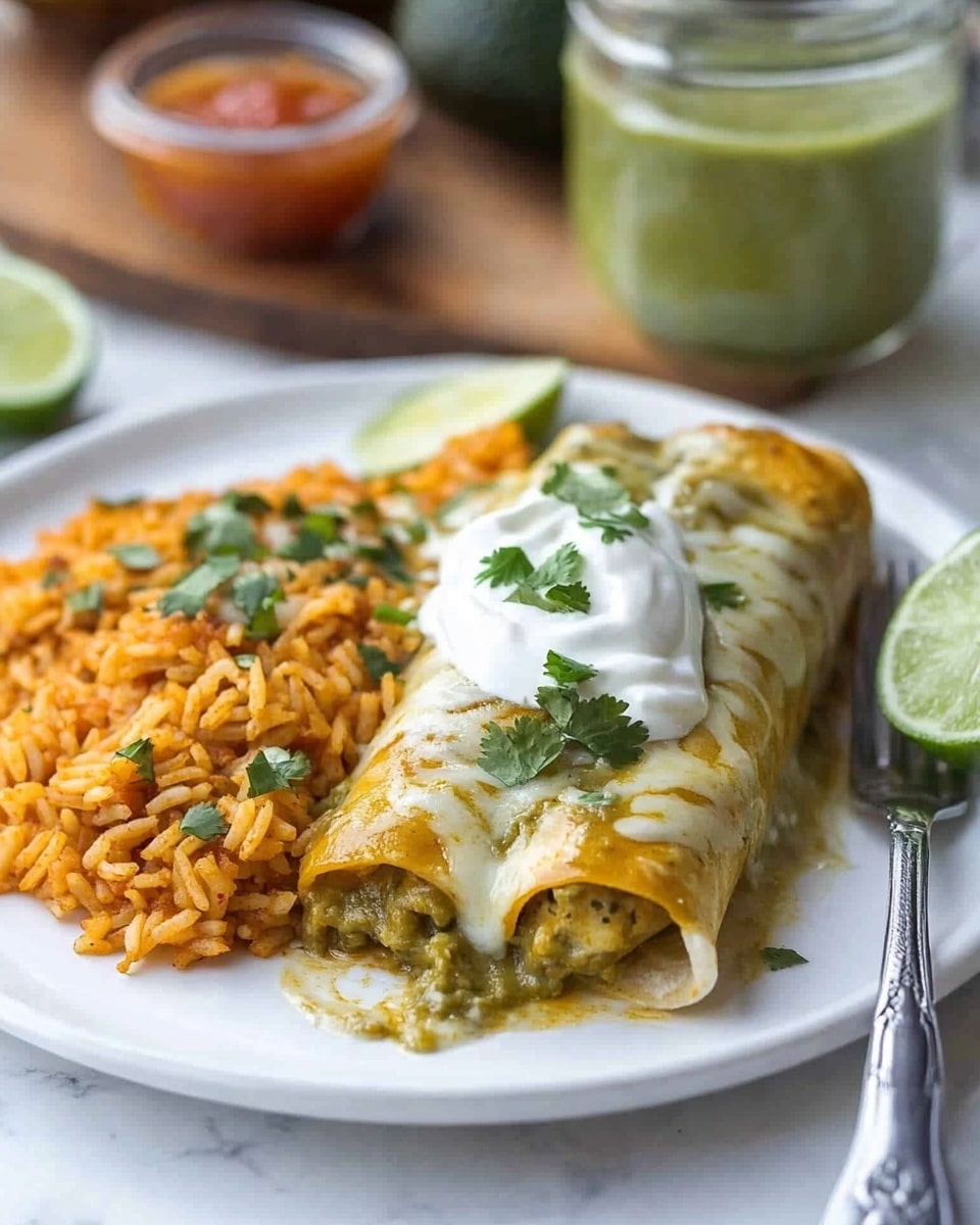 A white plate holds two rolled enchiladas covered in a green sauce with melted yellow cheese on top, garnished with dollops of white sour cream and green herbs like chopped green onions and cilantro. To the left of the enchiladas is a serving of orange rice with small vegetable pieces, accompanied by a lime wedge and a small clear bowl of red salsa. A silver fork rests on the right edge of the plate. The background surface is a white marbled texture with a glass of iced tea and a halved avocado blurred in the background. photo taken with an iphone --ar 4:5 --v 6.1
