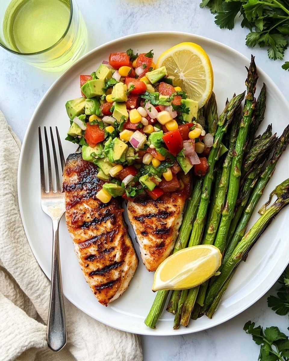 A white plate with a decorative blue pattern holds a meal of grilled fish fillet and green asparagus. The fish fillet is golden-brown with a slightly crispy texture, sprinkled with small bits of fresh green herbs on top. Next to the fillet, a bunch of bright green, tender asparagus stalks are placed side by side. On the side of the plate, two lemon wedges with bright yellow skin and juicy, pale inner flesh add color contrast. The plate sits on a beige cloth with a fork resting nearby, all on a white marbled surface. Photo taken with an iphone --ar 4:5 --v 6.1