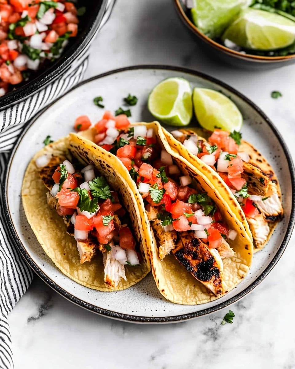 Three tacos sit side by side on a white plate, each with two soft yellow corn tortillas folded into a U shape. Inside, there are layers of dark brown grilled chicken pieces with slight charring, topped with finely chopped white onions and bright red diced tomatoes, along with small bits of green chili and fresh cilantro scattered throughout. On the right side of the plate, two large lime wedges rest next to the tacos. In the background, there is a bowl filled with more of the tomato, onion, and green chili mix, all placed on a white marbled surface with a striped gray and white cloth nearby. Photo taken with an iphone --ar 4:5 --v 6.1