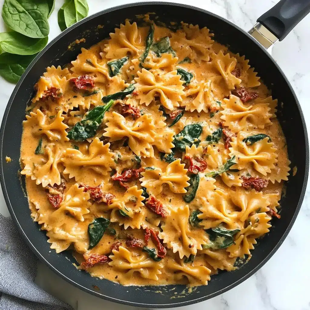Marry Me Chicken Pasta, creamy chicken pasta, sun-dried tomato chicken, easy comfort dinner, romantic pasta recipe A pan filled with farfalle pasta coated in creamy, orange-colored sauce mixed with bright green spinach leaves and small pieces of dark red sun-dried tomatoes, the sauce has a smooth texture blending all ingredients evenly. The pan handle is black with a silver end, resting on a white marbled surface with a white and gray striped towel partially visible to the side. Fresh spinach leaves lie around the pan, and red tomatoes are slightly visible on a small wooden board at the top right corner.