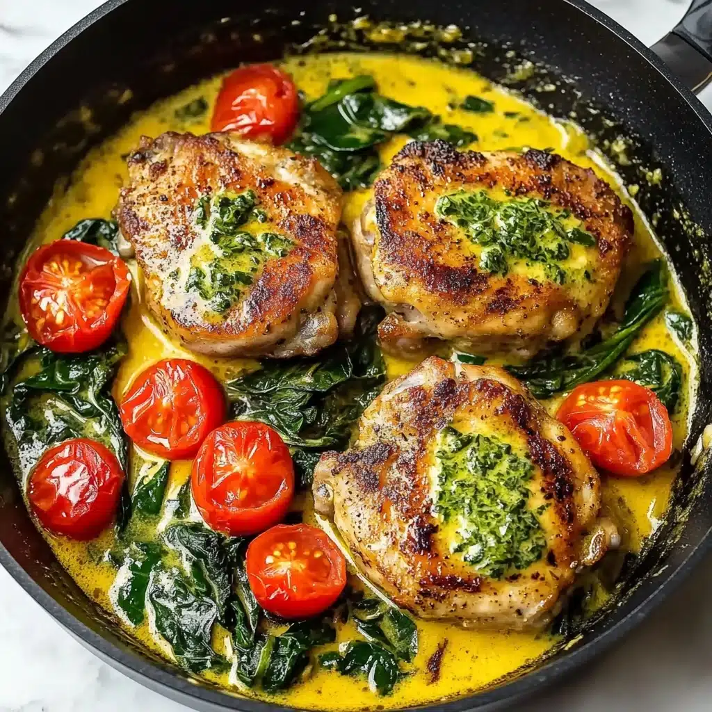 Creamy Pesto Chicken with Roasted Tomatoes & Spinach, pesto chicken recipe, easy chicken dinner, healthy pesto chicken, gourmet chicken meal The image shows a black skillet filled with three browned cooked meat pieces placed evenly, each topped with small dollops of green herb sauce. Around the meat, there are bright red halved tomatoes and wilted dark green spinach leaves. The skillet holds a yellow-orange creamy sauce that spreads across the bottom, mingling with the spinach and tomatoes. The background surface is white marbled.