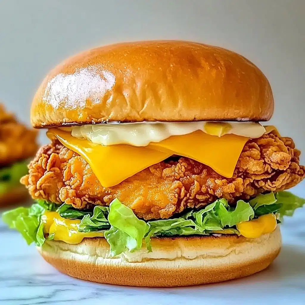 Spicy Crispy Chicken Burger, spicy crispy chicken sandwich, Korean-inspired chicken burger, crunchy fried chicken burger, homemade spicy chicken burger A close-up view of a sandwich with four main layers, sitting on a white marbled surface. The bottom layer is a soft bun, light beige with a smooth texture, topped with a dollop of creamy light yellow sauce. Above this is a fresh green lettuce leaf with a slightly ruffled edge. Next is a thick piece of crispy fried chicken, golden brown with a rough, crunchy surface. On top of the chicken is a bright orange slice of melted cheese folded over the edges. The sandwich is finished with a shiny, smooth, golden brown top bun.
