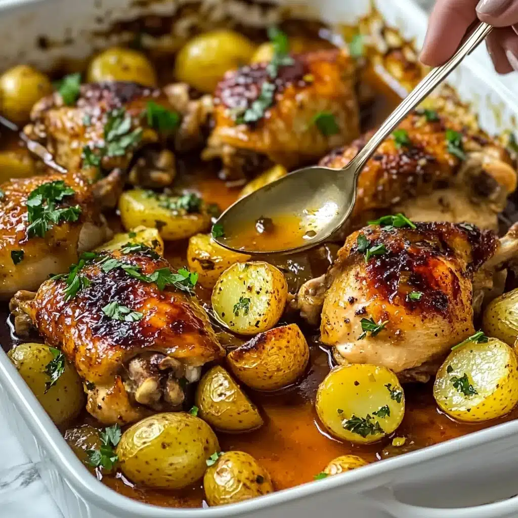 One Pan Lemon Herb Chicken and Potatoes, lemon herb chicken bake, easy sheet pan chicken dinner, healthy one pan chicken dinner, quick weeknight chicken recipe The image shows a white baking dish filled with golden-brown roasted chicken thighs and small whole yellow potatoes. The chicken skin is crispy and slightly charred in places with a glazed, shiny texture. The potatoes have a light, roasted look with soft spots and a tender skin. Chopped green herbs are sprinkled on top for color. A woman's hand holds a spoon above the dish, dripping rich, orange-brown sauce onto the chicken. The background is a white marbled surface.