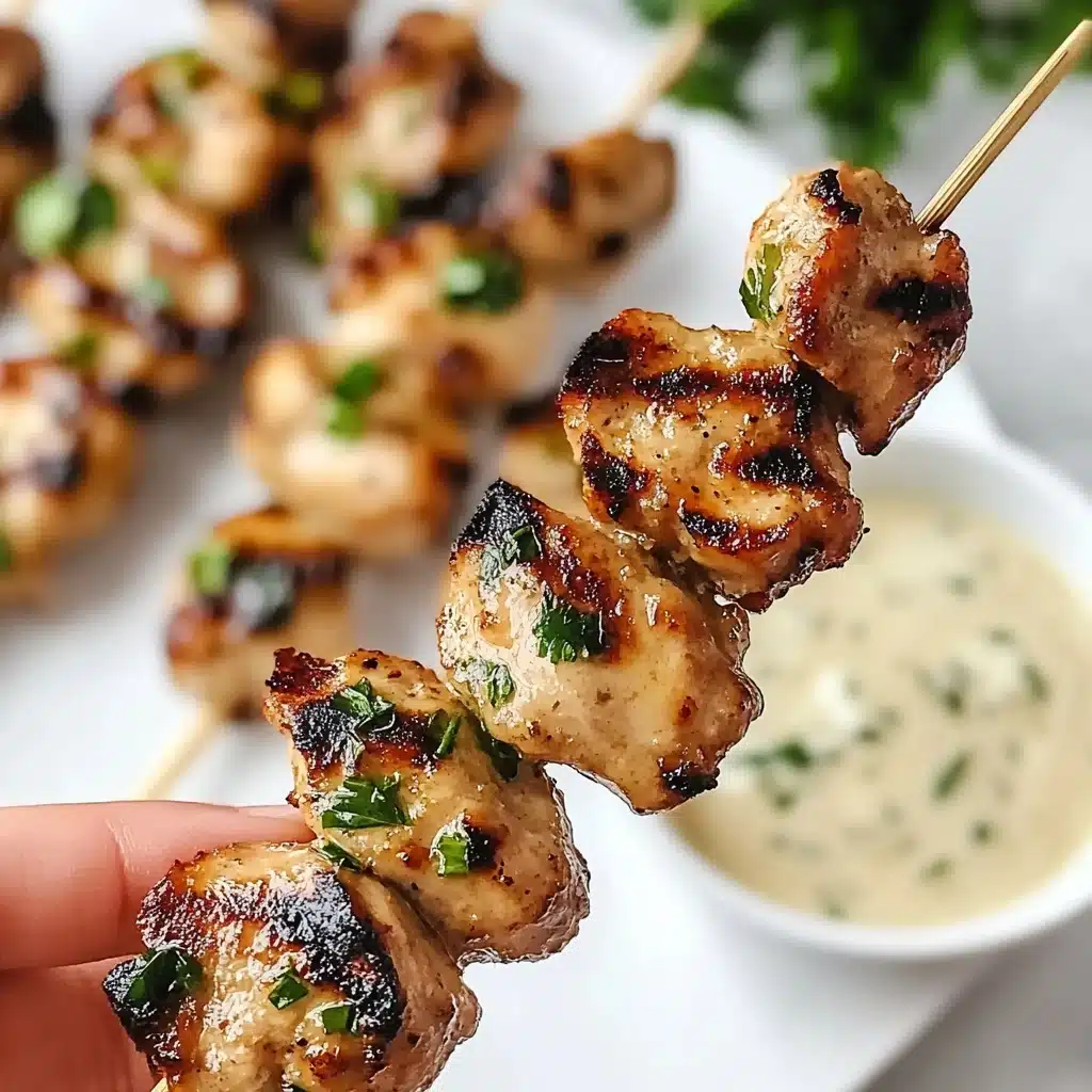 Air Fryer Garlic Parmesan Chicken Skewers, Garlic Parmesan Chicken, Easy Chicken Skewers, Quick Weeknight Dinner, Air Fryer Chicken Recipes A close-up view of a woman's hand holding a skewer with five pieces of grilled chicken that have golden-brown char marks and are sprinkled with green herbs. Each chicken piece is textured with a slightly crispy exterior and looks juicy. In the background, a white plate is filled with more skewers of similar grilled chicken, and there is a small white bowl of creamy sauce with green herbs visible on the left side. The surface beneath everything has a white marbled texture.