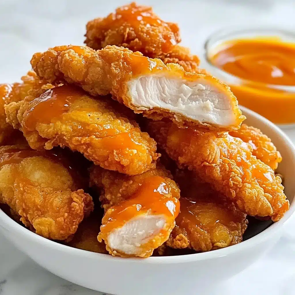 Hot Honey Chicken Tenders, spicy honey chicken, crispy chicken tenders, easy chicken dinner, game day chicken A white bowl filled with several golden brown crispy fried chicken pieces, some pieces are covered with a shiny orange sauce that looks sticky and smooth. One piece is broken in half, showing a white, soft inside. Next to the chicken pieces, there is a small clear glass bowl filled with the same orange sauce. The bowl is placed on a white marbled surface.