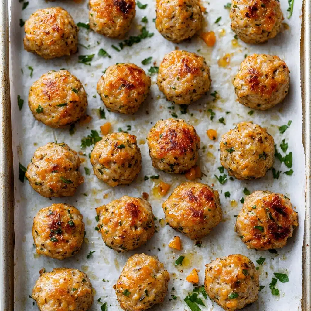 Turkey Stuffing Balls, leftover turkey appetizer, holiday stuffing bites, easy snack recipes, finger food for gatherings The image shows a metal baking tray filled with about twenty small, round meatballs that are golden brown with a slightly crispy outside. Each meatball has a textured surface with visible bits of herbs and small orange pieces, possibly carrot or pepper, giving a hint of color contrast on the light brown meatballs. The tray is lined with white parchment paper that has some light spots where oil has soaked through, and there are small scattered green herb pieces on the parchment paper around the meatballs. The background surface is a white marbled texture.