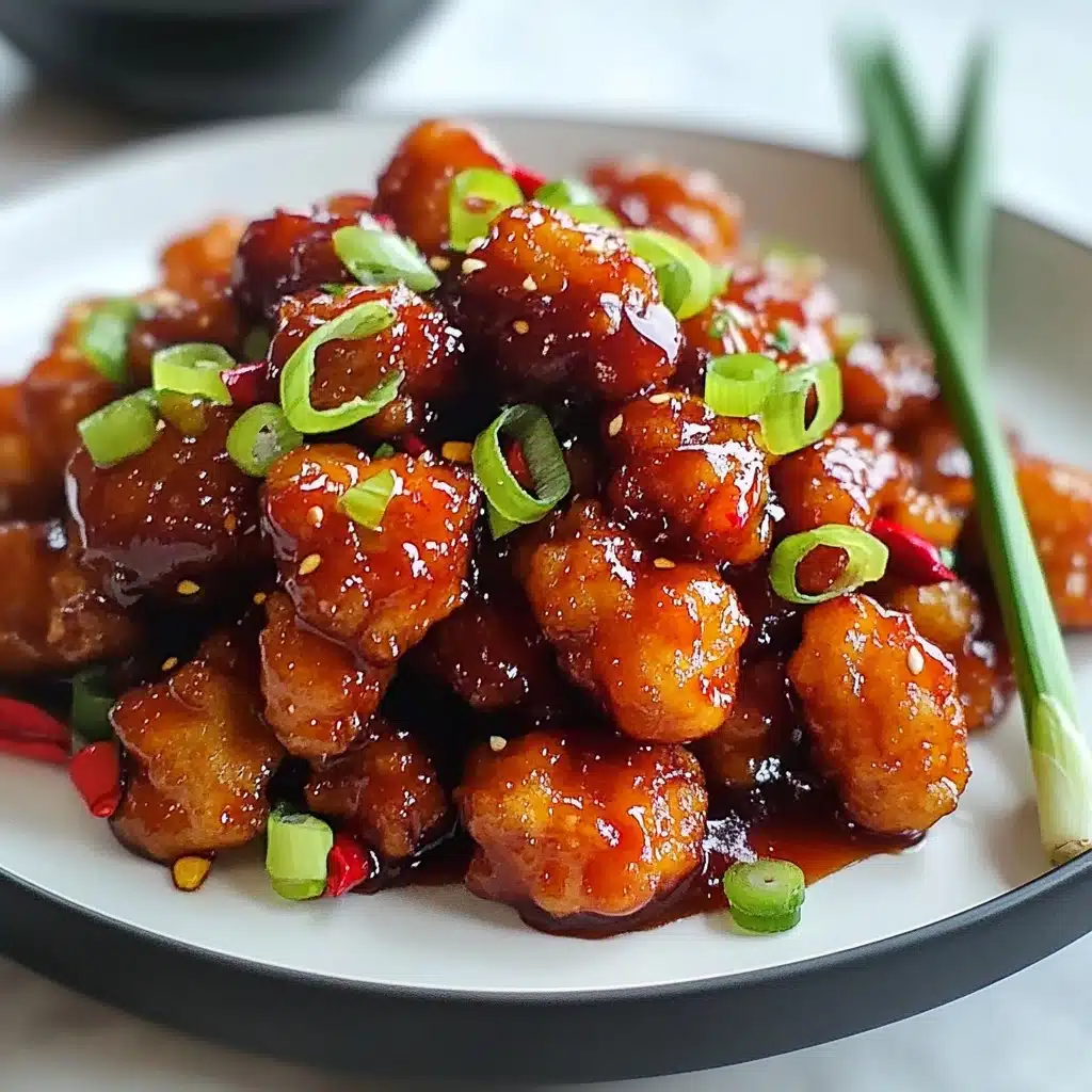 Sweet Chili Chicken, quick sweet chili chicken, easy chicken stir-fry, spicy sweet chicken recipe, healthy chicken dinner A white plate holds a pile of golden-brown fried chicken pieces covered in a shiny, sticky reddish-brown sauce. The chicken is topped with thin slices of bright red chili and small green rings of scallion, adding fresh colors. There are also a few green scallion stalks placed on the side of the plate. The background shows a blurred second white bowl with some red and green vegetables and the surface has a white marbled texture.