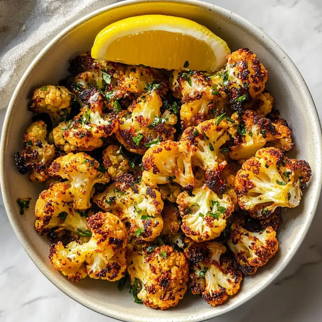 Crispy Parmesan Roasted Cauliflower, roasted cauliflower side dish, healthy veggie recipes, easy vegetable recipes, cheesy cauliflower bites The image shows a close-up of roasted cauliflower pieces on a white marbled surface. There are about twenty-five to thirty golden brown cauliflower florets, slightly charred at the edges with a crispy texture. The cauliflower is spread out evenly with some parts showing a vibrant orange seasoning. Freshly chopped green herbs are sprinkled generously over half of the florets, adding a fresh contrast. Small bits of roasted spices are scattered around, giving a sense of a savory, well-cooked dish.