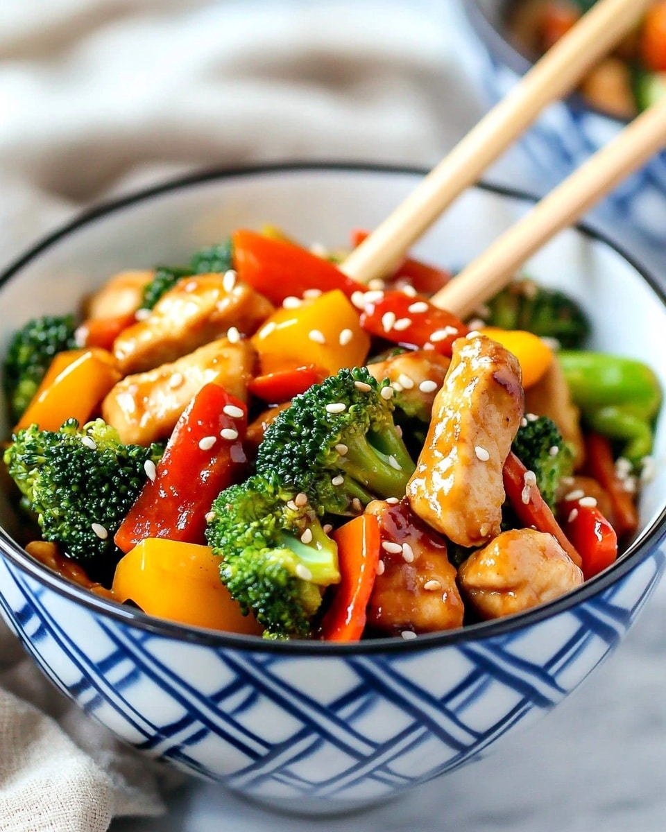 Chicken Stir Fry with Broccoli, Bell Peppers, and Carrots in Honey Soy Sauce, healthy stir fry recipes, quick weeknight dinners, veggie chicken stir fry, honey soy chicken stir fry The image shows a close-up of a stir-fry dish in a white pan with a red edge. The dish has three layers: the base layer is a glossy brown sauce that coats everything, the middle layer is pieces of cooked light brown chicken and bright green broccoli florets, and the top layer contains chopped red and yellow bell peppers, adding pops of color. A golden wooden spoon is in the pan, lifting some of the mix. Two chopsticks rest on the pan's edge. The background is a soft blur with a white marbled texture underneath the pan.