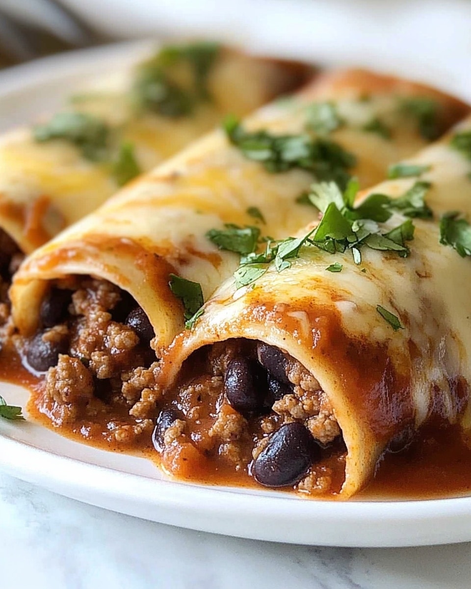 Beef Enchiladas, homemade enchiladas recipe, Tex-Mex beef enchiladas, easy beef enchiladas, hearty enchilada casserole Two rolled tortillas filled with dark brown ground meat mixed with black beans, placed side by side on a white plate. The tortillas are covered with a layer of red sauce and melted pale yellow cheese, sprinkled with chopped green herbs. The plate is set on a white marbled surface and a blurred fork is visible in the background.