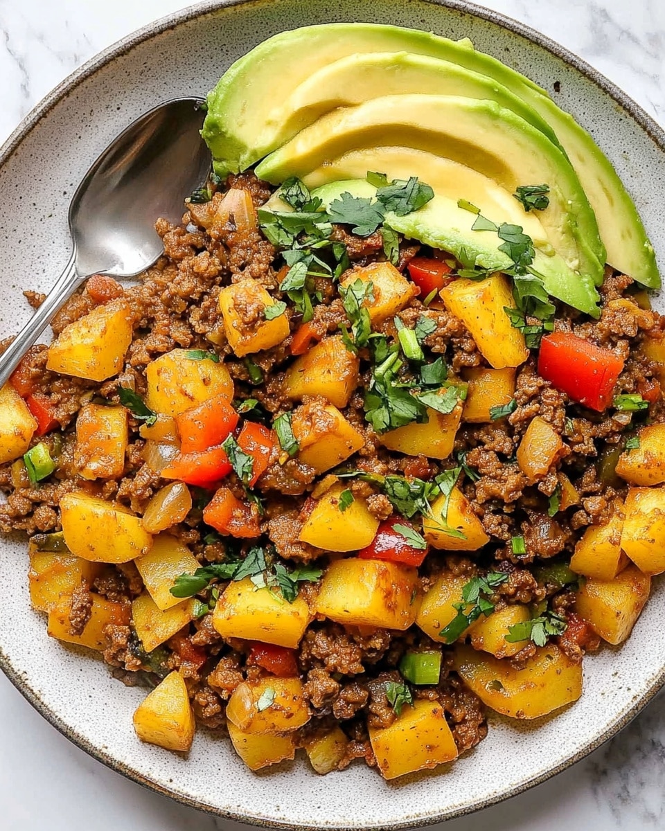 Mexican Ground Beef and Potato Skillet, Mexican ground beef recipes, easy skillet dinner, quick weeknight meals, flavorful potato skillet The dish is served on a large white plate filled mostly with cooked ground meat mixed with bright yellow cubed potatoes and chunks of red bell pepper, all seasoned and lightly browned with a slightly glossy texture. Small bits of melted cheese are scattered throughout, and fresh green herbs are sprinkled on top for color. On the upper side of the plate, thin, even slices of pale green avocado are layered neatly. A silver spoon with a slightly curved edge is placed on the left side near the food. The whole setup sits on a white marbled surface.