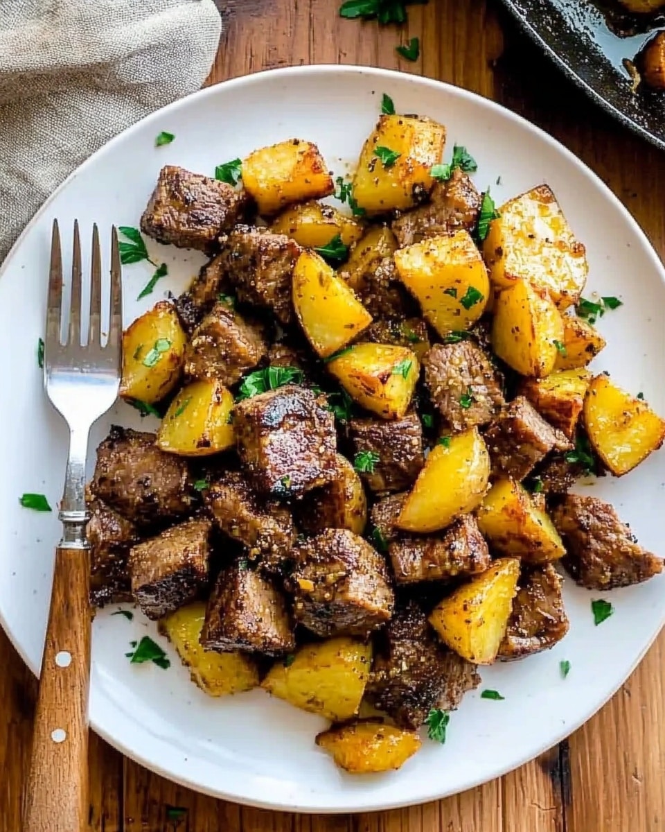 Garlic Butter Steak Bites and Potatoes, garlic butter steak bites meal, steak bites dinner ideas, easy steak and potato recipes, flavorful beef and potato dishes The image shows a white round plate with roasted chunks of brown meat and golden yellow potato pieces scattered across the plate. The meat looks soft and slightly crisp on the edges, while the potatoes appear tender with a light browned crust. Small bits of fresh green herbs are sprinkled over the top, adding a touch of color. A silver fork and knife with wooden handles rest on the left side of the plate. The background is a wooden table with part of a black skillet with more potatoes visible in the upper right corner. The overall look is warm and rustic.