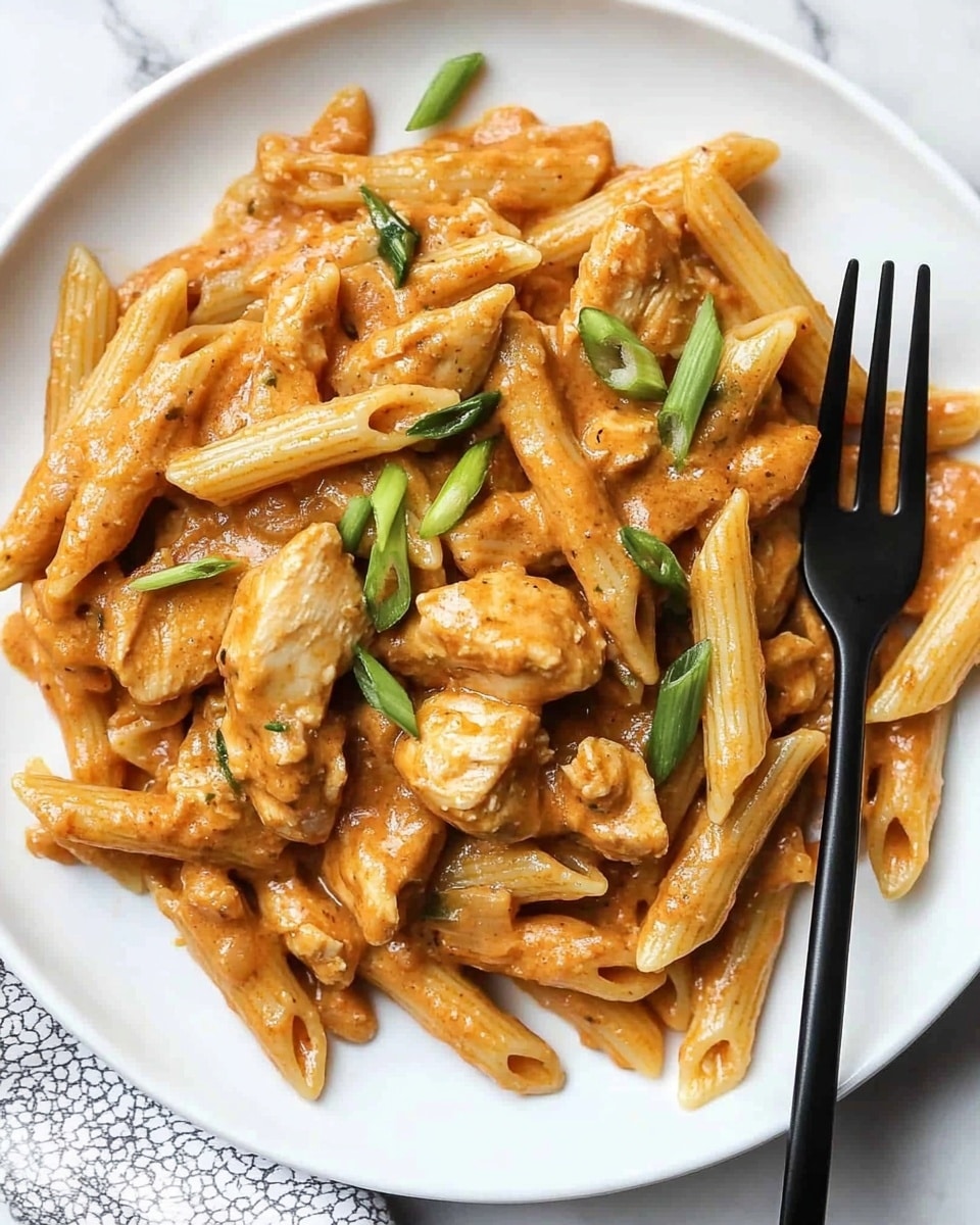 One Pot Creamy Cajun Chicken Pasta, Cajun Chicken Pasta, Creamy Cajun Pasta, Easy Cajun Chicken Dinner, One Pot Pasta Recipes The image shows a silver pan filled with creamy pasta made of penne noodles, mixed with cooked pieces of golden brown chicken. The pasta is covered in a light brown sauce that looks rich and smooth. Bright green chopped scallions are sprinkled over the top, adding color contrast. A wooden spoon resting inside the pan holds some pasta, showing the texture and sauce. The pan is placed on a white marbled surface.