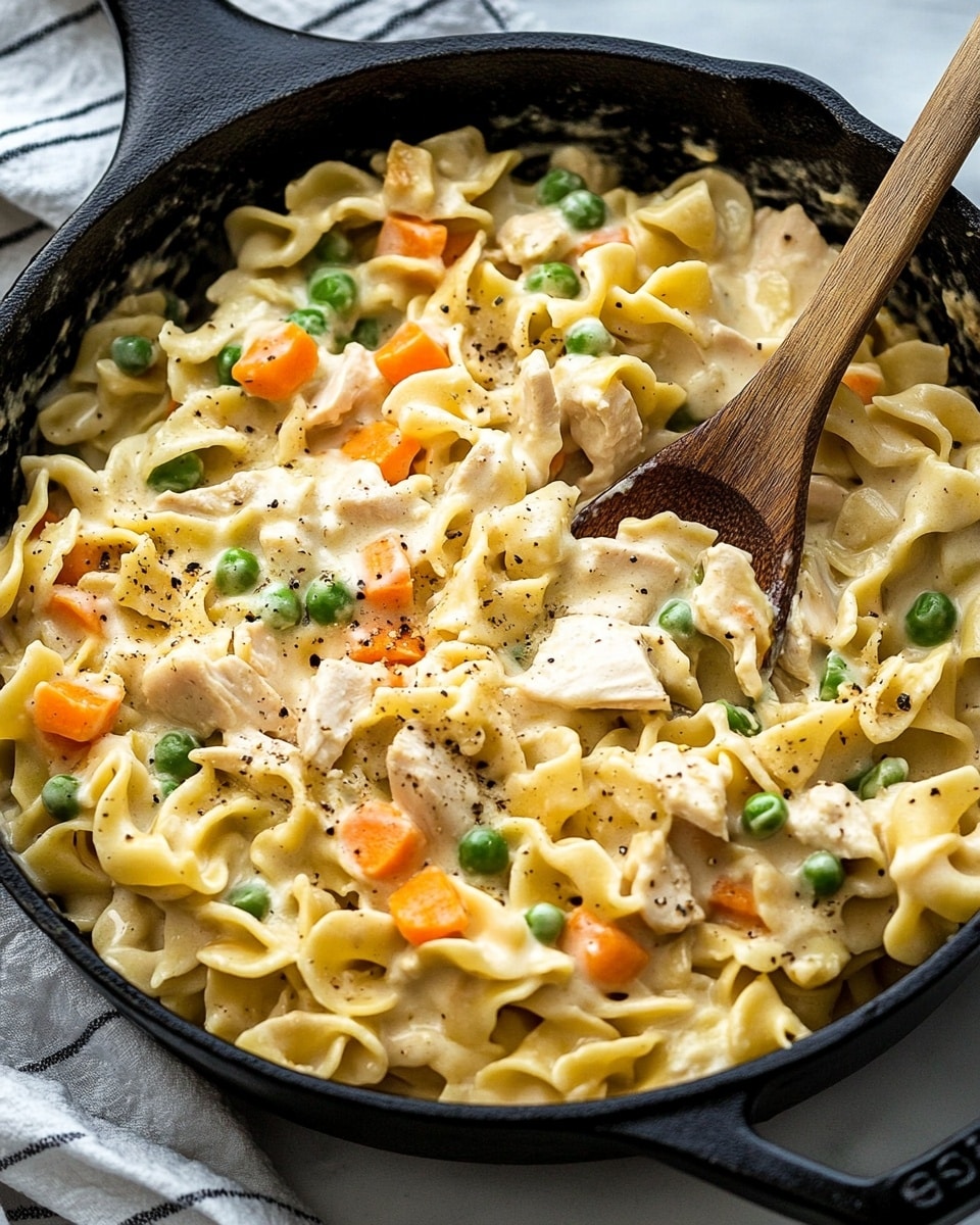 A large black cast iron pan is filled with a creamy pasta dish consisting of three main layers visible from top: wide, folded egg noodles in pale yellow with a soft, slightly ruffled texture formed by twisting and folding, evenly mixed with small, bright green peas, small diced orange carrots, and chunks of light-colored cooked chicken pieces. The creamy white sauce, speckled with black pepper and herbs, coats all ingredients, creating a smooth and rich appearance. A wooden spoon stands upright in the pan, lifting some of the pasta. The pan rests on a wooden surface with a white and blue striped cloth partially visible at the top right corner. The photo taken with an iphone --ar 4:5 --v 6.1
