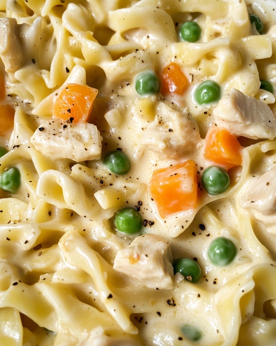 A close-up of a white metal spoon lifting a creamy noodle dish from a dark pan. The dish has thick, wide egg noodles mixed with bright green peas, small orange carrot cubes, and chunks of tender chicken in a white creamy sauce speckled lightly with herbs and black pepper. The noodles look soft and slightly curly, while the sauce coats every piece smoothly. The background has a white marbled surface beneath the pan with a gray striped cloth beside it. The photo taken with an iphone --ar 4:5 --v 6.1