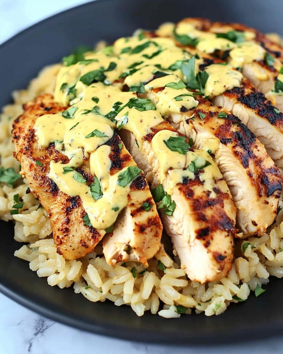 A white plate holds a serving of rice as the base layer, with a light orange color and soft texture, spread evenly across the plate. On top, there are several slices of grilled chicken, arranged in a neat row, each piece showing grill marks with a slightly charred dark brown crust and tender white inside. A creamy light yellow sauce is drizzled generously over the chicken and rice, with small green herbs sprinkled on top for garnish. The plate sits on a white marbled textured surface. Photo taken with an iphone --ar 4:5 --v 6.1