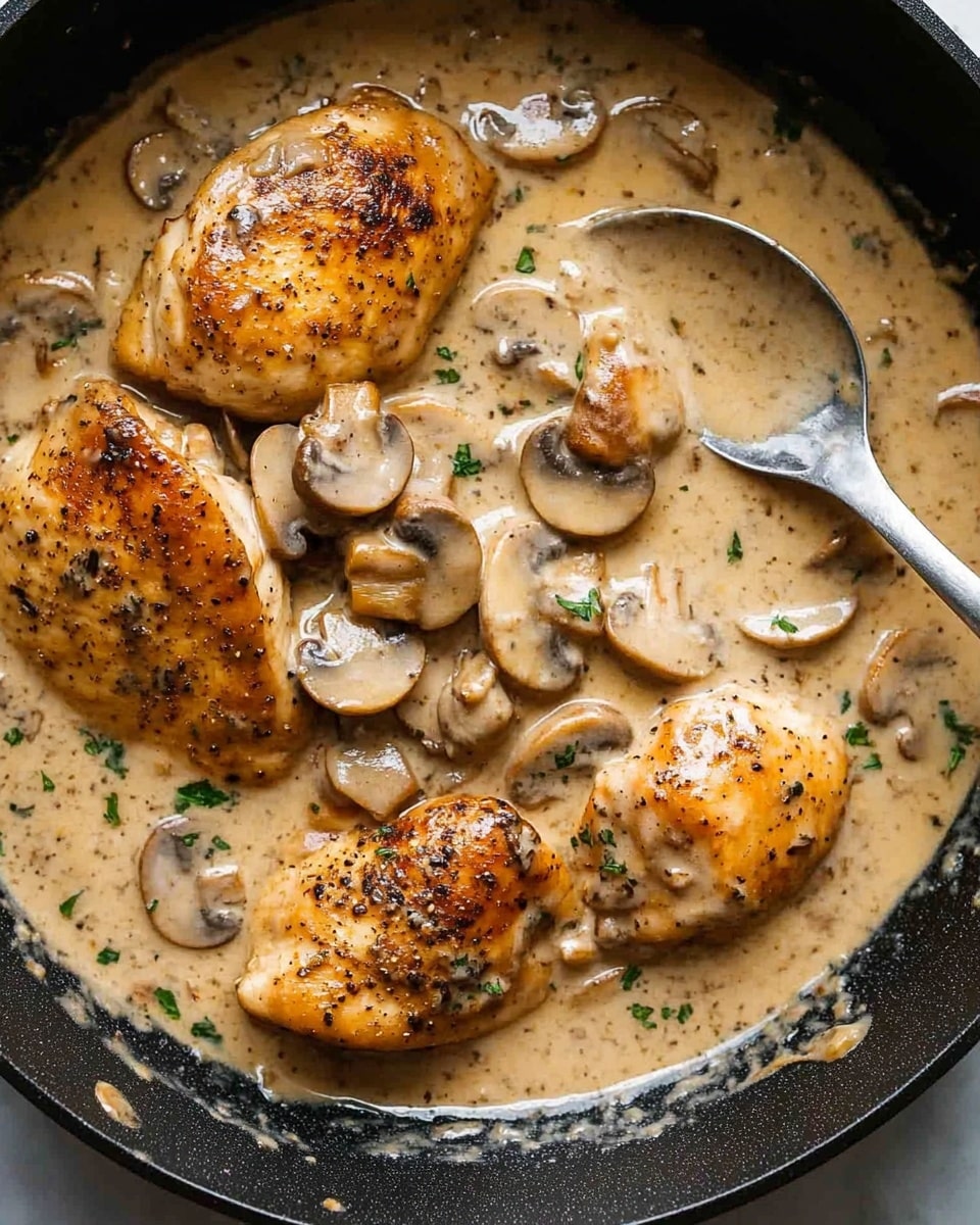 The image shows a black pan filled with several browned chicken pieces covered in a thick light brown creamy sauce with visible slices of cooked mushrooms scattered evenly throughout. The chicken pieces have a slightly crispy texture on top, sprinkled with small green herbs. The sauce is smooth and wraps around both chicken and mushrooms, creating a rich and hearty look. A metal spoon is partially visible on the right side, resting in the sauce. The background is a white marbled texture. Photo taken with an iphone --ar 4:5 --v 6.1