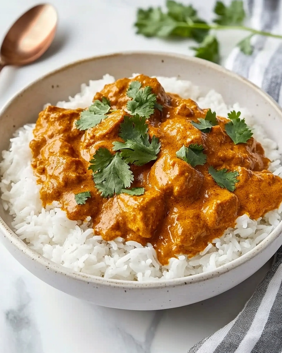 A black oval cast iron pan sits on a dark cloth over a white marbled surface, filled with a rich orange creamy curry with visible chunks of meat and green herbs scattered on top. Swirls of white cream are drizzled across the orange sauce for contrast. A spoon with a light wooden handle rests inside the pan, partially submerged in the curry. To the left, a small portion of a white bowl is visible, and there is a fresh green herb garnish on the surface nearby. The image has soft natural light highlighting the textures and colors. photo taken with an iphone --ar 4:5 --v 6