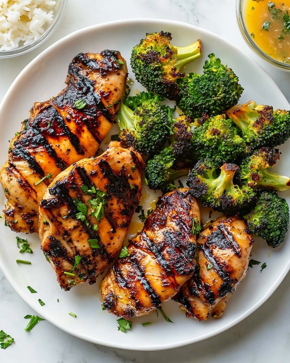 The dish shows a white plate with a layer of grilled chicken sliced into thick strips with a shiny, dark brown glaze and sprinkled with green herbs on top, placed on the right side of the plate. To the left and behind the chicken is a colorful mix of vegetables including bright green broccoli florets, long green asparagus spears, orange carrot chunks, golden roasted potato pieces, and some purple-red onion slices, all lightly browned and mixed together. A fork is partially visible on the right edge of the plate, and the background has a white marbled texture. Photo taken with an iphone --ar 4:5 --v 6.1