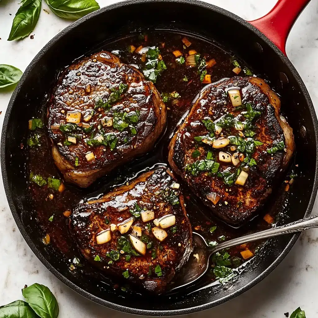 Hot Honey Baked Chicken Breasts, spicy honey chicken, baked chicken with honey glaze, easy hot honey chicken recipe, juicy baked chicken breasts The image shows three thick pieces of cooked meat with a dark brown, slightly charred top layer, covered with chopped green herbs and small chunks of light-colored garlic. One piece is being lifted by a spoon with a wooden handle, revealing a tender, pink inside layer. The meat pieces sit in a black pan filled with a dark, glossy sauce that has visible bits of garlic and herbs. The pan is placed on a white marbled surface with a few green basil leaves in the corner, adding a fresh touch.