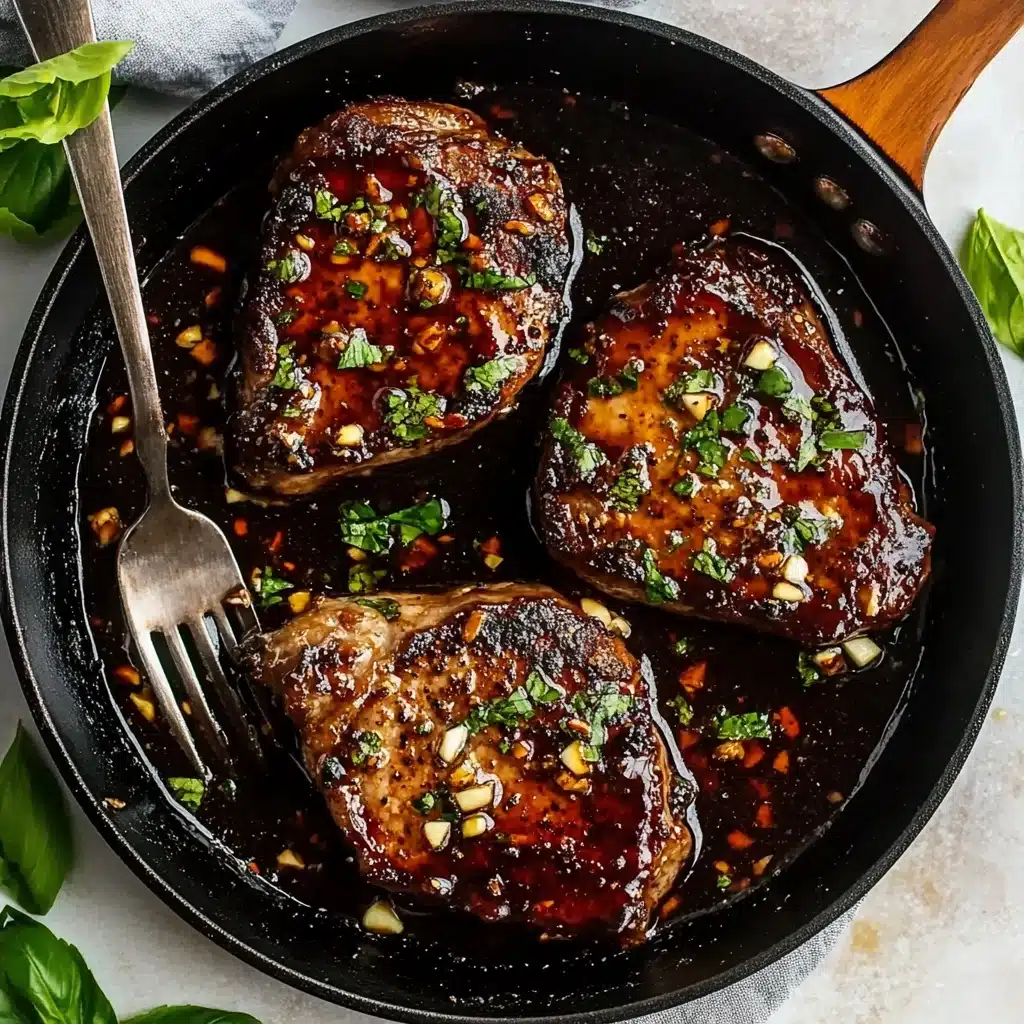 Hot Honey Baked Chicken Breasts, spicy honey chicken, baked chicken with honey glaze, easy hot honey chicken recipe, juicy baked chicken breasts In a round cast iron pan with red handles, there are three thick, dark brown glazed pieces of meat, each covered with a shiny, rich sauce that has small white garlic chunks and chopped green herbs sprinkled on top. The pan is placed on a white marbled surface, and fresh green basil leaves are scattered around the pan. A fork with a wooden handle rests inside the pan beside the meat. The overall look is warm and inviting with a mix of deep brown, green, and white colors.