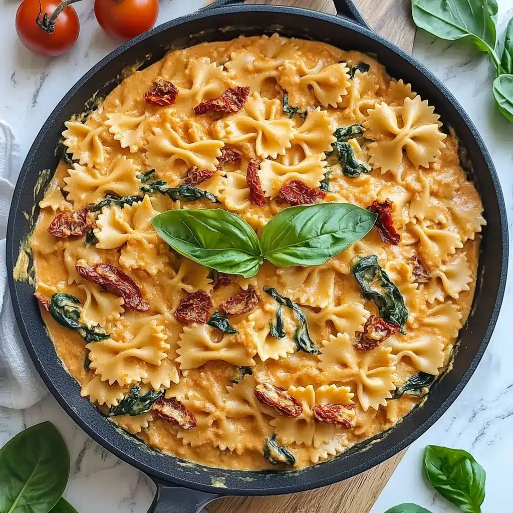 Marry Me Chicken Pasta, creamy chicken pasta, sun-dried tomato chicken, easy comfort dinner, romantic pasta recipe This image shows a black skillet filled with bowtie pasta mixed in a creamy orange sauce, with visible green spinach leaves and red sun-dried tomato pieces scattered throughout. The pasta pieces are coated and layered evenly in the skillet, giving a rich and hearty look. A small bunch of fresh green basil leaves is placed on top at the center for garnish. The skillet sits on a white marbled surface, surrounded by fresh basil leaves and a bunch of red tomatoes on the vine on a wooden board nearby. A white and gray striped cloth is partially visible under the skillet.