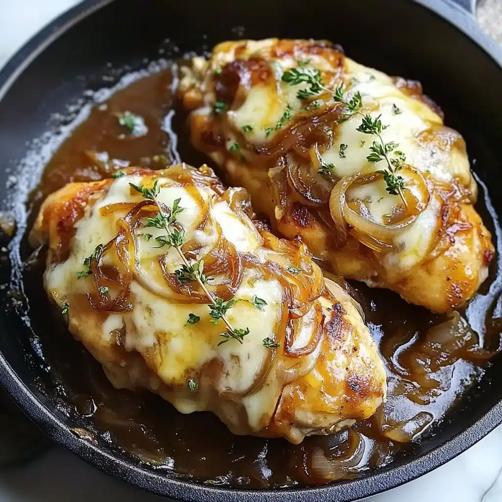 Easy One Pan French Onion Stuffed Chicken, French Onion Chicken recipe, One Pan Chicken dinner, Stuffed Chicken breasts, Gourmet chicken recipes The image shows two golden brown cooked chicken pieces with crispy skin on top, each sprinkled with small green herb bits, sitting on a bed of translucent caramelized onions cooked in a shiny brown sauce. The dish is in a black pan placed on a white marbled surface. The chicken skin looks slightly crispy with a shiny texture, and the onions are soft and glossy, spread evenly under and around the chicken.
