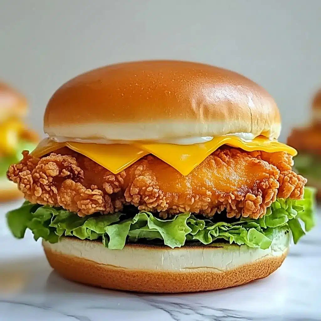 Spicy Crispy Chicken Burger, spicy crispy chicken sandwich, Korean-inspired chicken burger, crunchy fried chicken burger, homemade spicy chicken burger A large sandwich is shown on a white marbled surface, with a soft, light brown round bun on top. Inside, the first layer at the bottom is bright green leafy lettuce with a fresh texture. Above it are crispy, golden brown fried pieces with a rough, crunchy look. On top of the fried pieces are two smooth, shiny yellow cheese slices slightly folded. Above the cheese is a creamy, golden yellow macaroni layer with small pasta shapes and bits of green vegetables mixed in. The bottom bun is light brown and soft, holding the sandwich together on a round wooden board. In the blurry background, similar sandwiches can be seen.