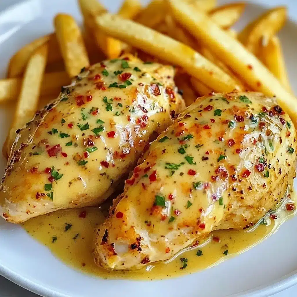 Chicken Fillet in Spicy Creamy Garlic-Parmesan Sauce, spicy chicken dinner, creamy garlic chicken recipe, quick flavorful chicken meal, gourmet chicken with Parmesan Two cooked pieces of chicken are placed side by side on a white plate, each covered with a thick yellow sauce with small red and green specks of herbs and spices scattered on top. Behind the chicken, there is a pile of golden French fries stacked loosely. The plate sits on a white marbled surface. The