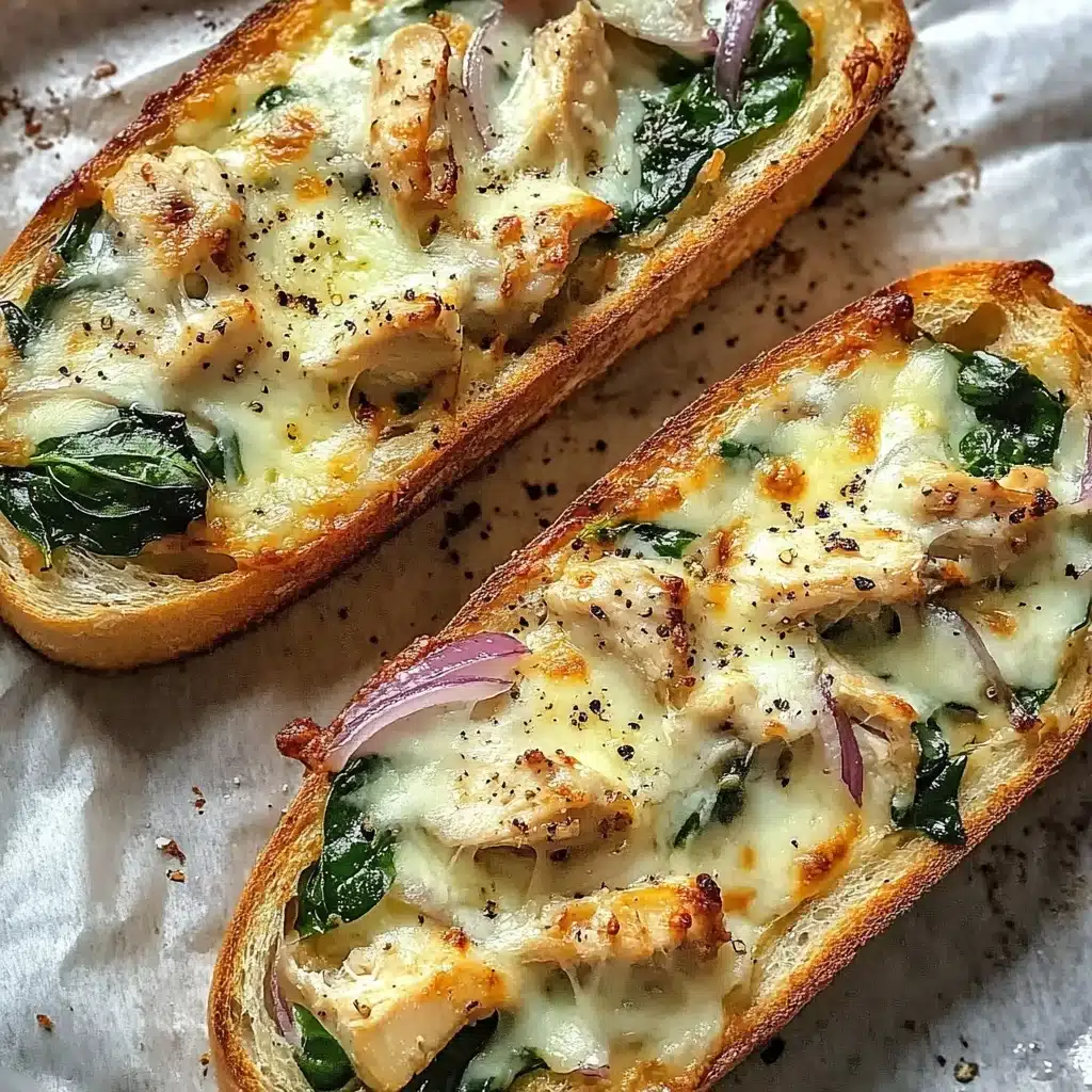 French Bread Chicken Alfredo Pizza, quick cheesy chicken pizza, easy Alfredo pizza, fast dinner recipes, crowd-pleasing weeknight pizza Two long slices of toasted bread lie side by side on a white marbled surface lined with parchment paper. Each slice is topped with three main layers: a base of melted white cheese that covers the bread evenly with small browned spots, scattered dark green fresh spinach leaves, and thin slices of pale purple onion curling gently on top. Small pieces of cooked light brown chicken are spread evenly among the spinach and onion, while a sprinkling of cracked black pepper finishes the look. The texture shows a crisp golden crust on the bread edges with soft, warm toppings.