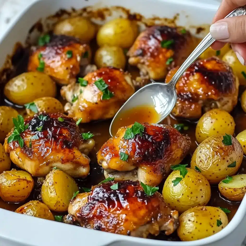 One Pan Lemon Herb Chicken and Potatoes, lemon herb chicken bake, easy sheet pan chicken dinner, healthy one pan chicken dinner, quick weeknight chicken recipe The image shows a white baking tray filled with golden brown roasted chicken pieces and small round yellow potatoes, some cut in half, placed around the chicken. The chicken skin is crispy and slightly charred, with a shiny glaze on top. Fresh green chopped herbs are sprinkled over the chicken and potatoes. A woman's hand holds a silver spoon above the tray, dripping a glossy sauce onto the chicken. The tray sits on a white marbled surface.