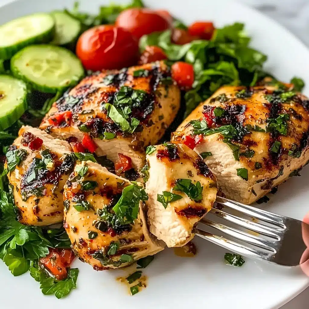Air Fryer Garlic Parmesan Chicken Skewers, Garlic Parmesan Chicken, Easy Chicken Skewers, Quick Weeknight Dinner, Air Fryer Chicken Recipes On a white plate with a white marbled background, there are four pieces of grilled chicken with a golden-brown surface, showing slight char marks and sprinkled green herbs, small bits of red pepper, and garlic. The chicken pieces have a juicy, moist texture inside. One piece is held by a silver fork in the foreground, revealing the white cooked inside with herbs on it. Around the chicken, there is a fresh salad with slices of green cucumber, halved red cherry tomatoes, and leafy green lettuce. The