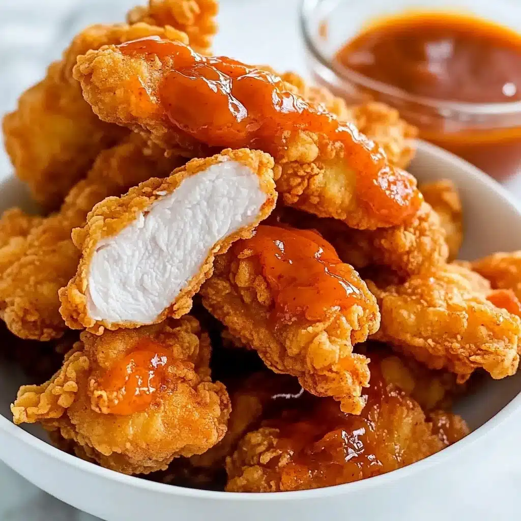 Hot Honey Chicken Tenders, spicy honey chicken, crispy chicken tenders, easy chicken dinner, game day chicken A white bowl filled with golden-brown crispy chicken strips, some covered in a bright orange sauce. One chicken strip is broken open, showing white tender meat inside. The bowl also contains a small clear glass bowl with thick orange dipping sauce on the side. The background is a white marbled surface.