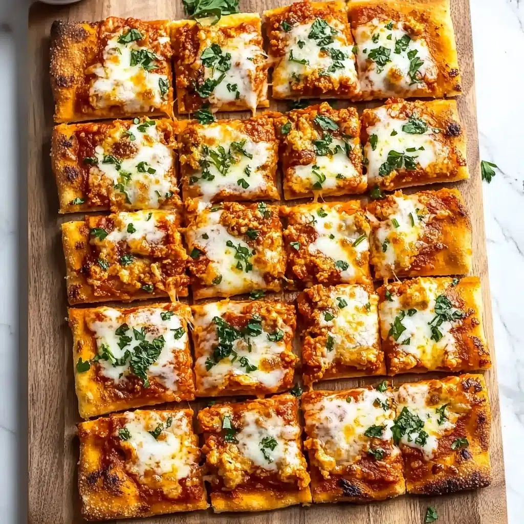 Tandoori Chicken Garlic Bread, spicy garlic bread with tandoori chicken, flavorful Indian-inspired garlic bread, smoky tandoori chicken appetizer, easy garlic bread recipes A rectangular pizza on a wooden board is sliced into 16 pieces, each showing a golden brown crust. The top layer has melted white cheese with patches of browned spots. Underneath the cheese, there is a rich reddish-brown meat sauce spread evenly. Small green parsley leaves are scattered over the cheese, adding a fresh touch. Pieces of orange melted cheese chunks are also visible on top, blending with the meat sauce and white cheese. A lemon half is placed near the top corner of the board on a white marbled surface, and a woman's hand slightly touches one slice.