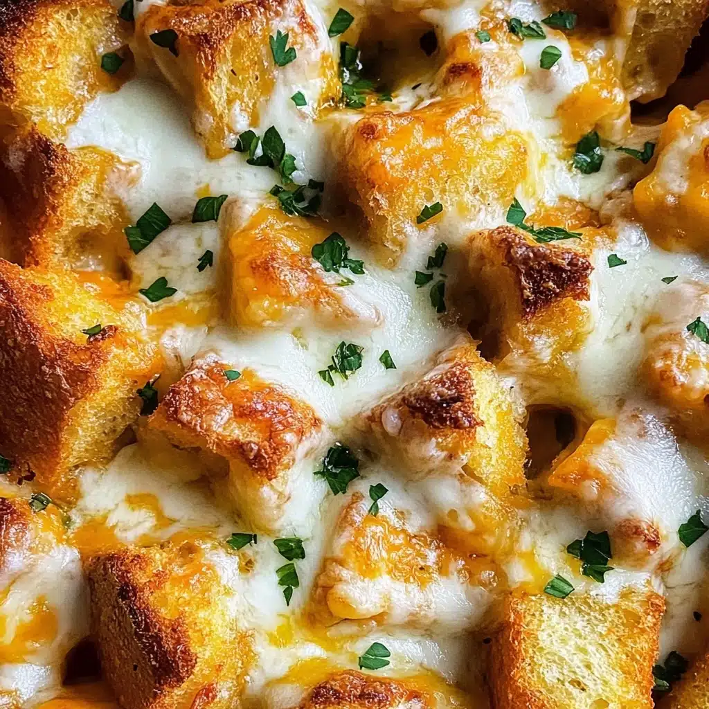 Tandoori Chicken Garlic Bread, spicy garlic bread with tandoori chicken, flavorful Indian-inspired garlic bread, smoky tandoori chicken appetizer, easy garlic bread recipes The dish shows several uneven pieces of golden brown toasted bread layered with melted white and orange cheese spread on top. Small green herb leaves are sprinkled evenly across the cheese areas, adding a touch of color. The toasted bread has a crisp texture with rough edges, and the cheese appears creamy and slightly bubbling between the bread pieces. The background is a white marbled texture.