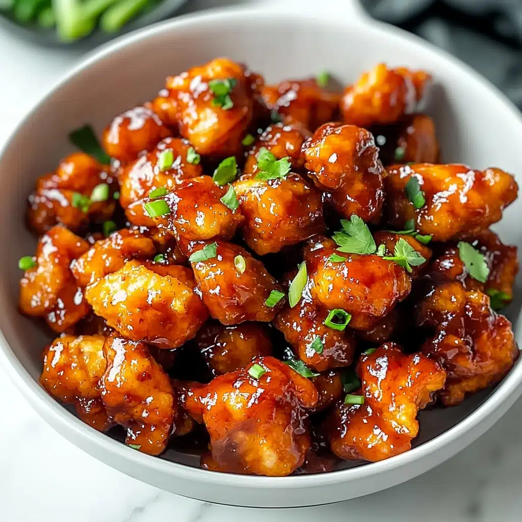 Sweet Chili Chicken, quick sweet chili chicken, easy chicken stir-fry, spicy sweet chicken recipe, healthy chicken dinner A large white bowl is filled with many pieces of small, crispy chicken coated in a thick, shiny reddish-brown sauce. The chicken pieces are piled high and sprinkled with small chopped green herbs and green onion pieces. The bowl sits on a light gray cloth on a white marbled surface, with some green celery stalks blurred in the background. The lighting is bright and natural, making the sauce glisten and the herbs look fresh.