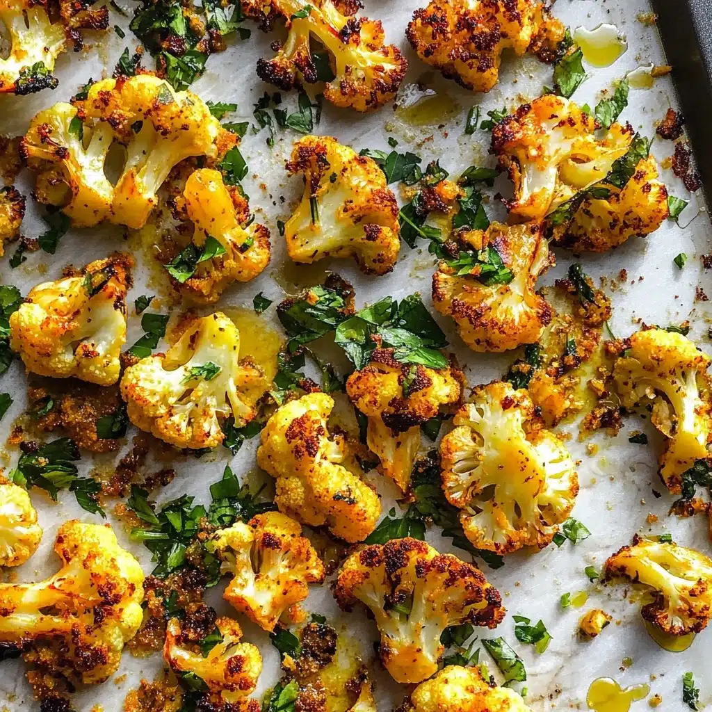 Crispy Parmesan Roasted Cauliflower, roasted cauliflower side dish, healthy veggie recipes, easy vegetable recipes, cheesy cauliflower bites The dish shows a white bowl filled with roasted cauliflower florets that have a golden to slightly charred orange color with some blackened crispy edges. The cauliflower is sprinkled with finely chopped green herbs, adding a fresh look. A slice of lemon with a bright yellow peel and light juicy interior leans on the side inside the bowl. The bowl sits on a white marbled surface with soft natural light casting shadows.