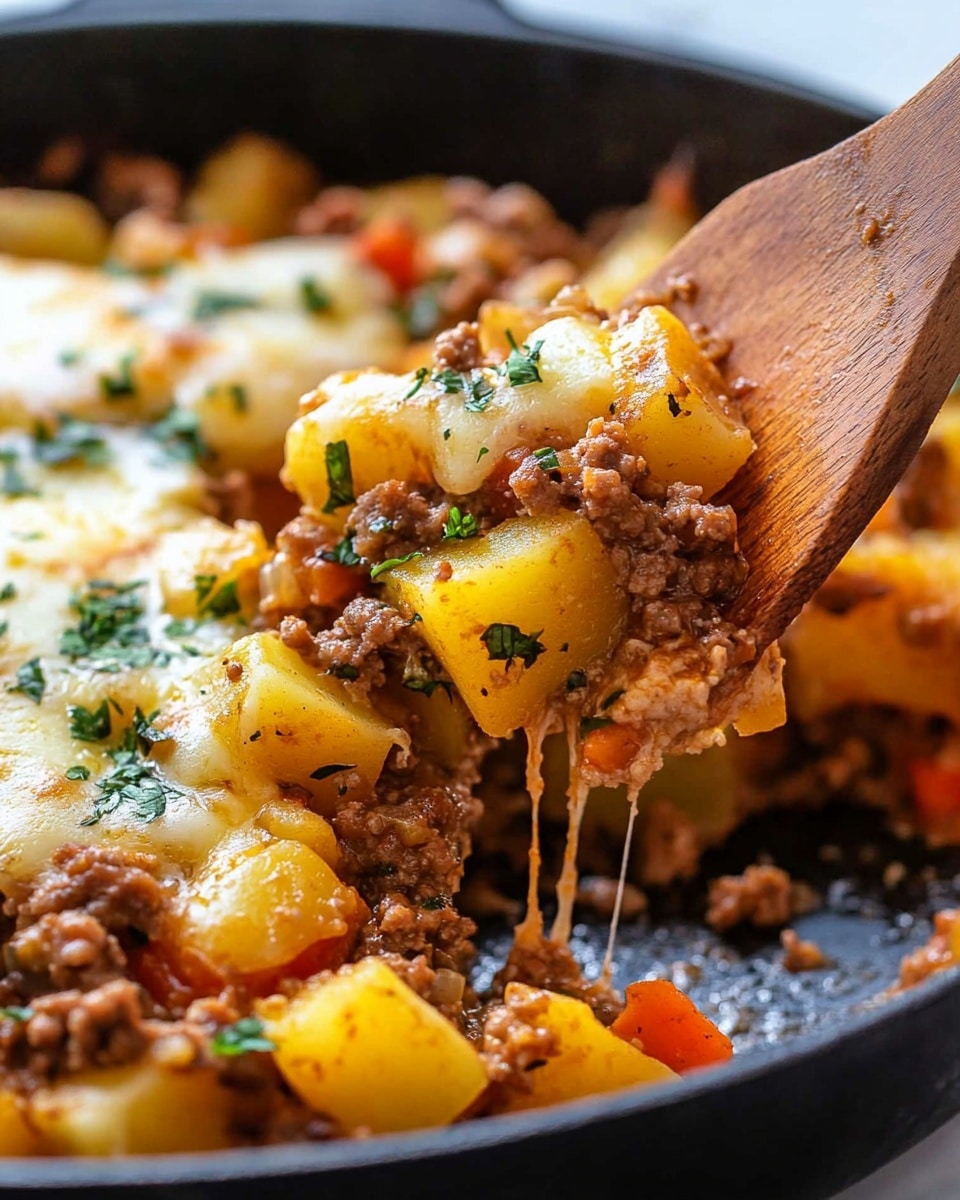 Mexican Ground Beef and Potato Skillet, Mexican ground beef recipes, easy skillet dinner, quick weeknight meals, flavorful potato skillet The image shows a close-up of a cooked dish with three main layers. The bottom layer has golden-yellow cubed potatoes, slightly browned and soft. On top of the potatoes is a layer of cooked ground meat, brown and crumbly, mixed evenly with some diced red and green vegetables. The top layer is melted cheese that stretches slightly as it is being lifted, with small green herb pieces sprinkled across the dish. The food is in a black pan, placed on a white marbled surface, and a wooden spatula is lifting a portion of the food.