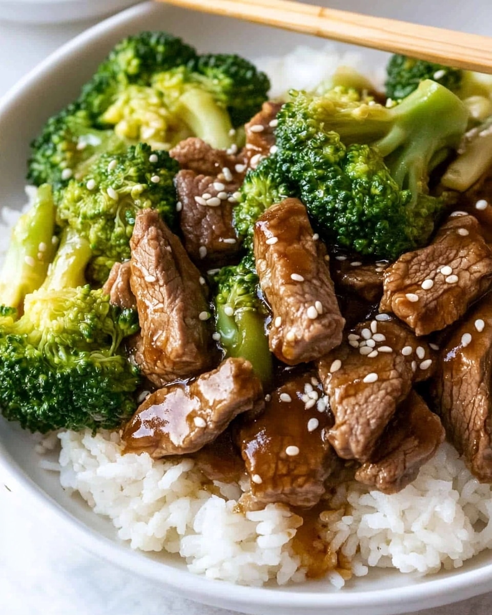 Chinese Beef and Broccoli Stir Fry Asian stir fry healthy quick dinner savory beef and broccoli The image shows a close-up view of a dish featuring tender pieces of brown beef mixed with bright green broccoli florets, all coated in a rich, glossy brown sauce. The beef pieces have a slightly seared texture, and the broccoli looks fresh with visible stalks and buds. White sesame seeds are sprinkled evenly over the top, adding contrast and texture. A metal utensil is partially visible on the right side, sitting in the thick sauce with some broccoli near its tip. The dish is seen from above, and the background has a white marbled texture.