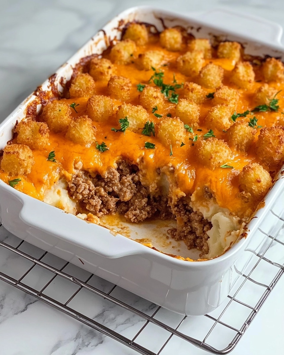 Tater Tot Casserole, easy tater tot casserole, comfort food recipes, ground beef casserole, cheesy potato casserole A white baking dish filled with a layered casserole placed on a silver wire rack over a white marbled surface. The bottom layer consists of browned ground meat with a crumbly texture, followed by a layer of creamy white mashed potatoes. The top layer is made of golden-brown tater tots covered with melted orange cheese and small green herb pieces scattered on the surface. A portion from one corner is missing, showing the clear separation of layers inside.